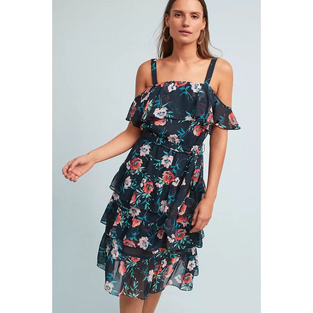 Eliza J Raissa Open Shoulder Dress Ruffle Floral Belted Navy Size 6‎